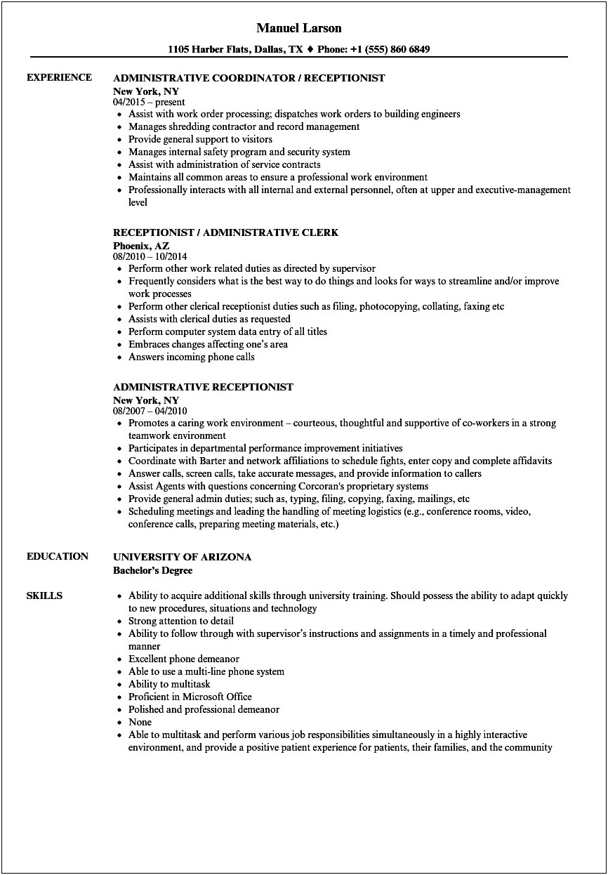 Receptionist Job Responsibilities Job Resume