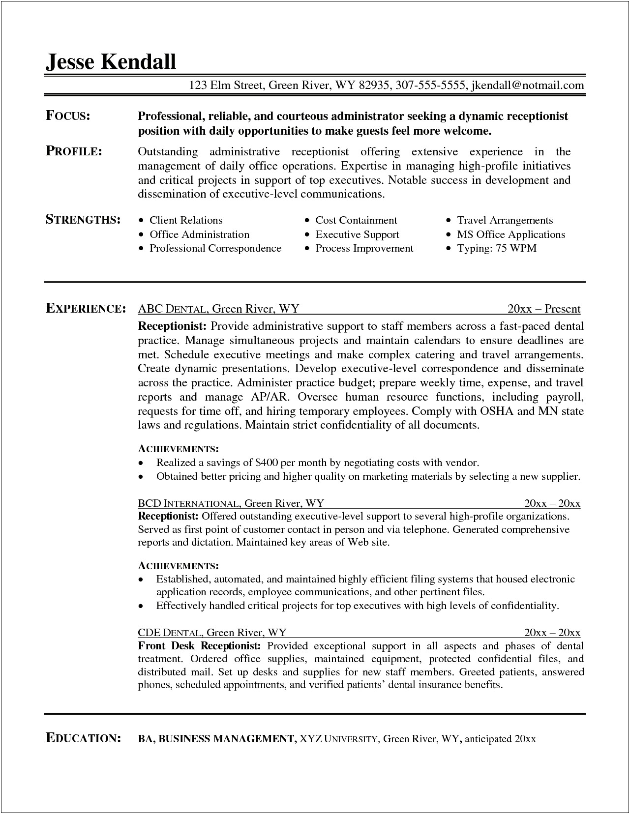 Receptionist Objective For A Resume