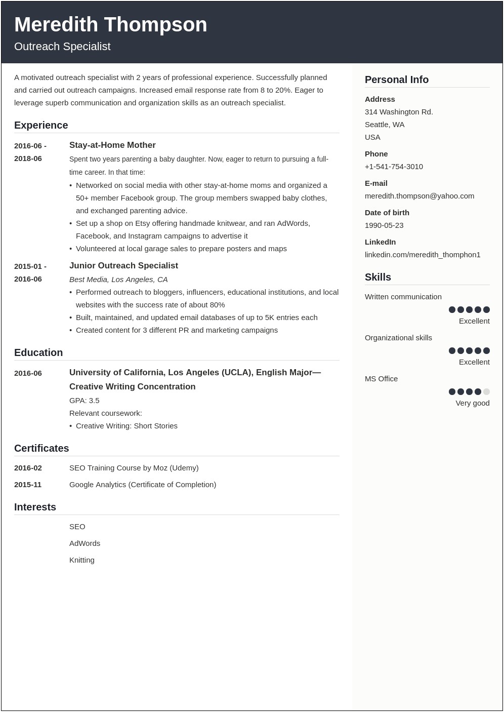 Recommendations For Resume For Back To Work Mom