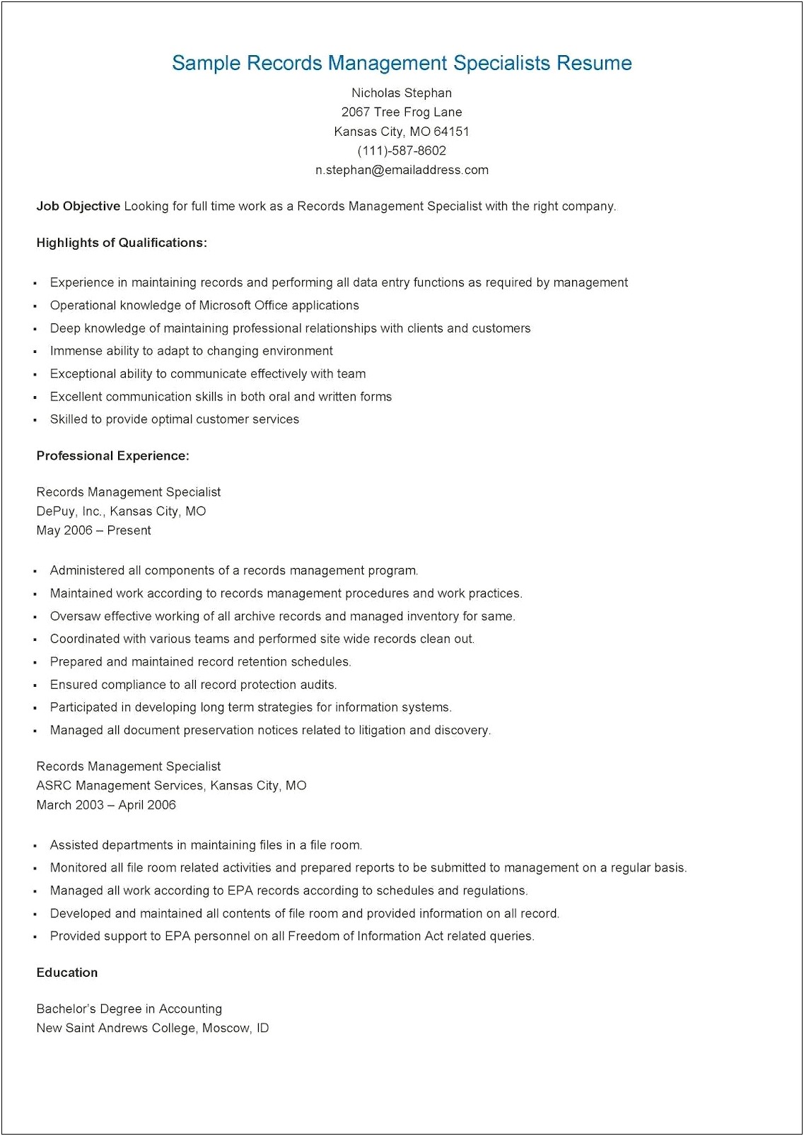 Records Management Resume Objective Examples