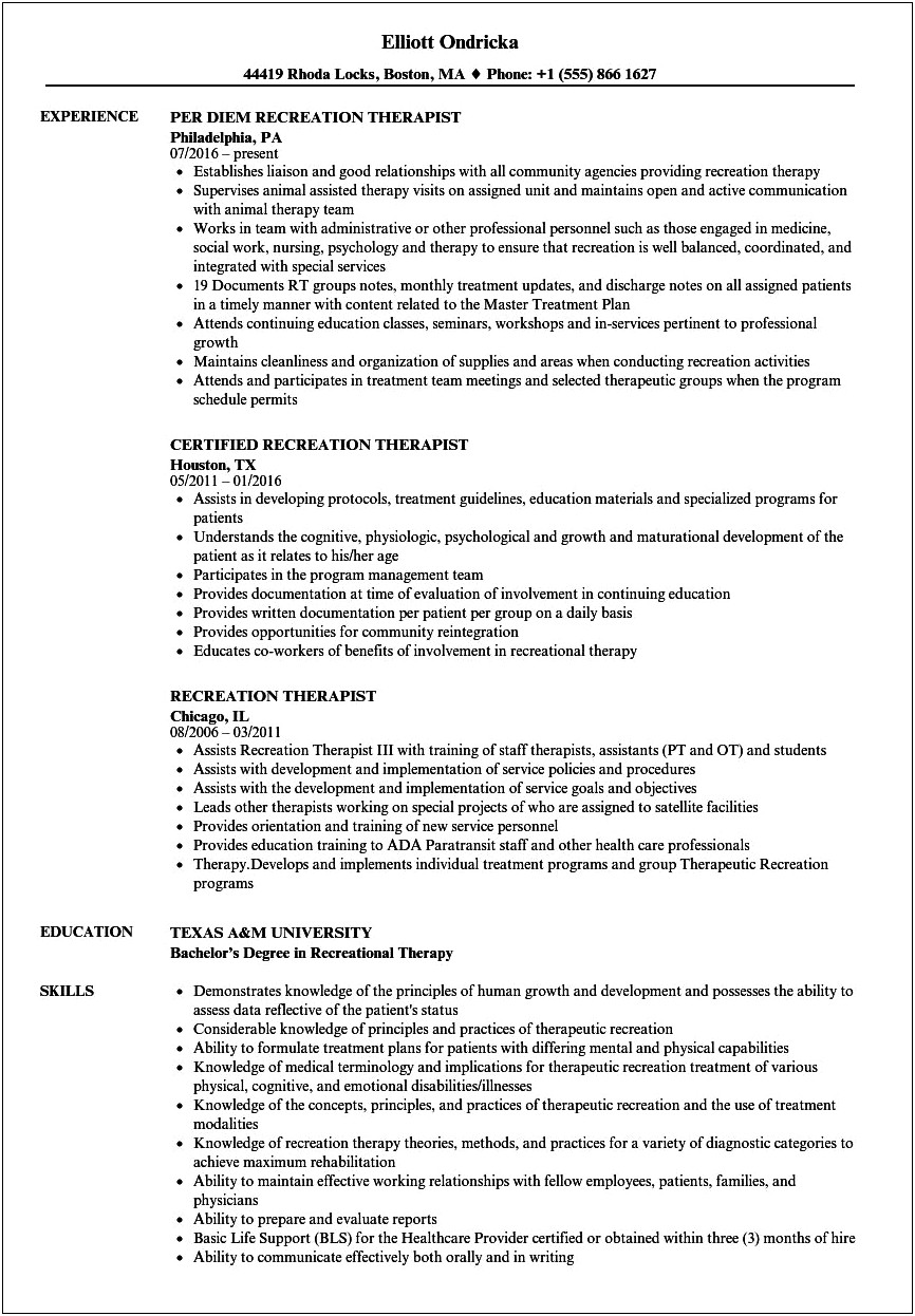 Recreation Leader Job Description For Resume
