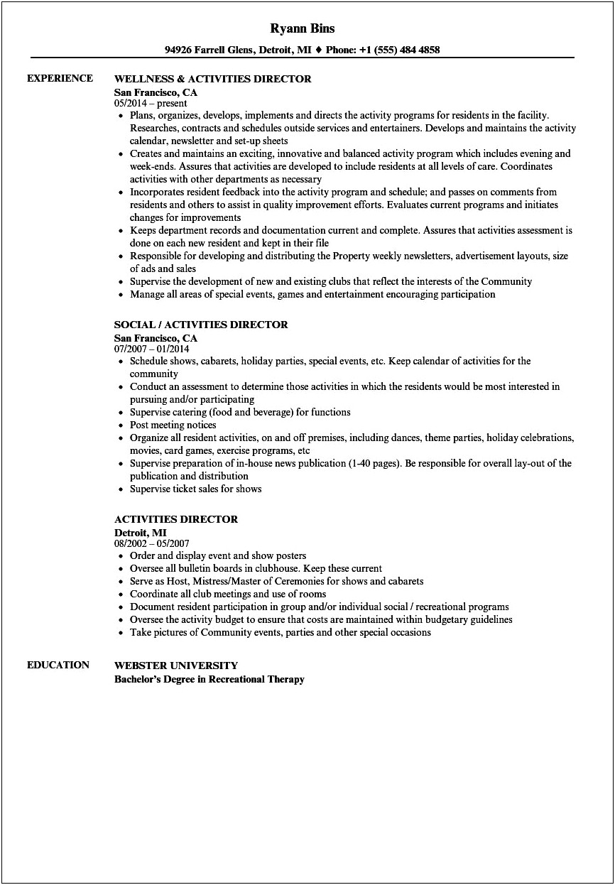 Recreation Specialist Professional Summary For Resume