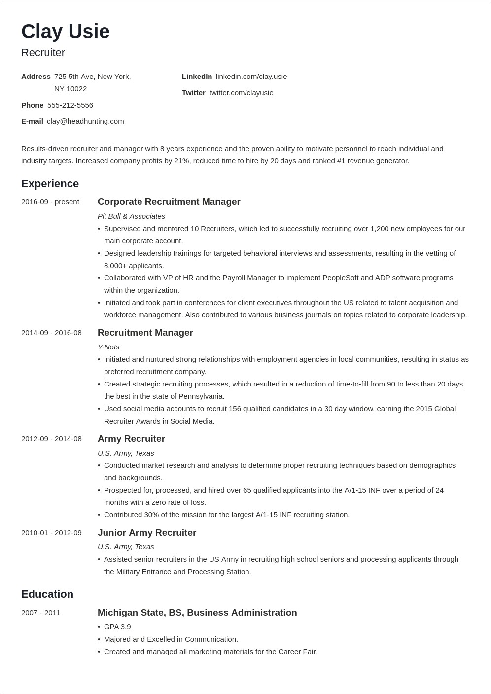 Recruiter Resume Examples Entry Level