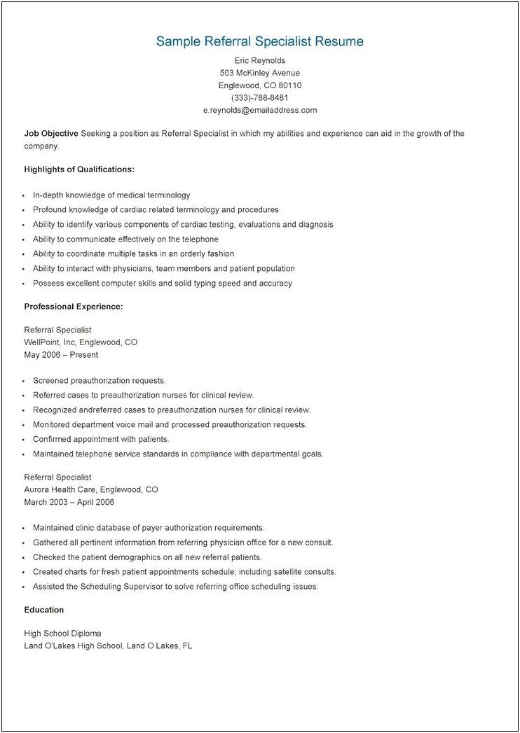 Referral Specialist Ii Resume Objective