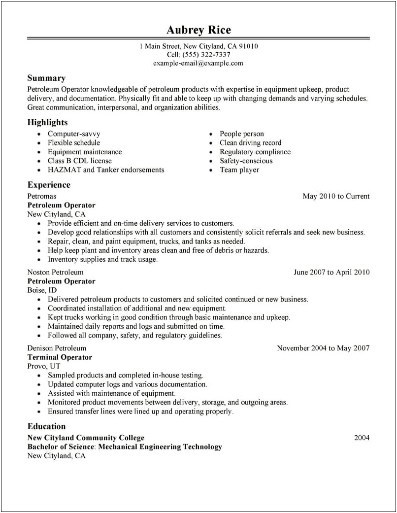 Refinery Operator Job Description For Resume