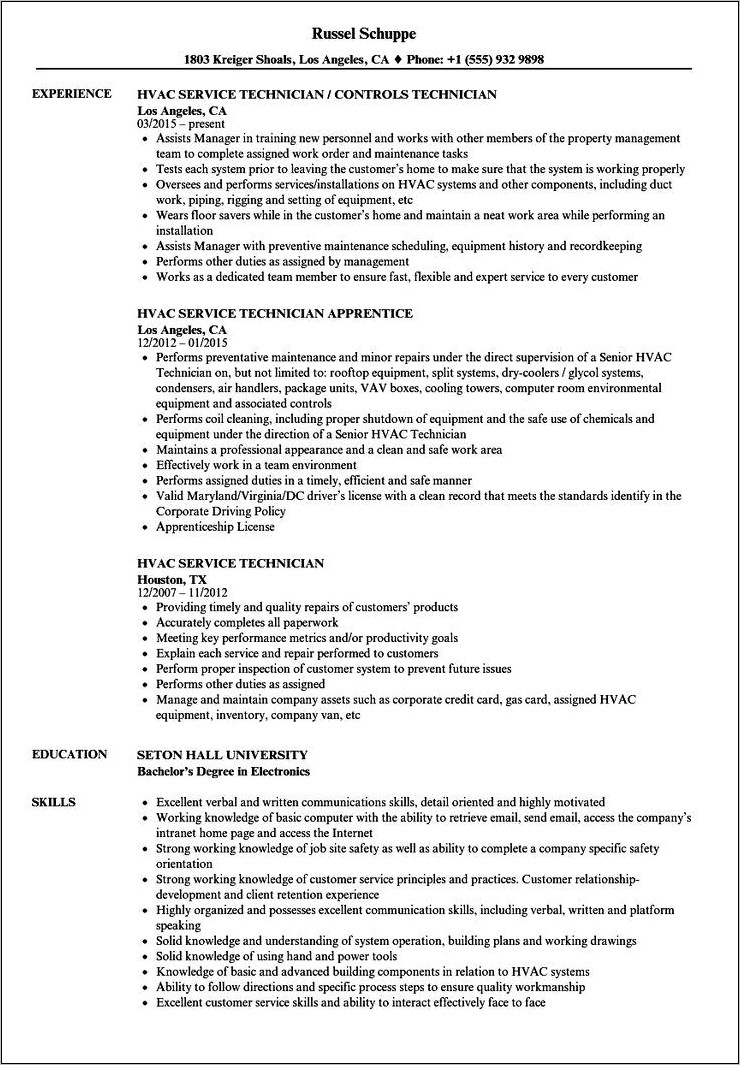 Refrigeration Technician Job Description Resume