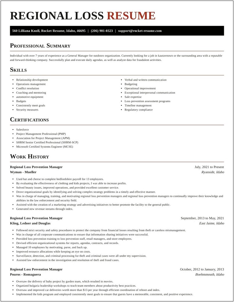 Regional Asset Protection Manager Resume