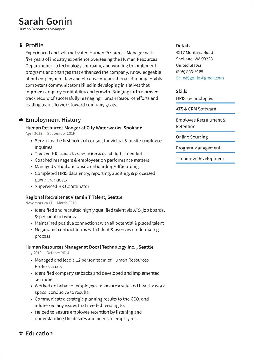 Regional Human Resources Manager Resume Sample