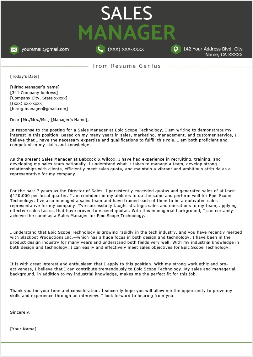 Regional Manager Resume Cover Letter