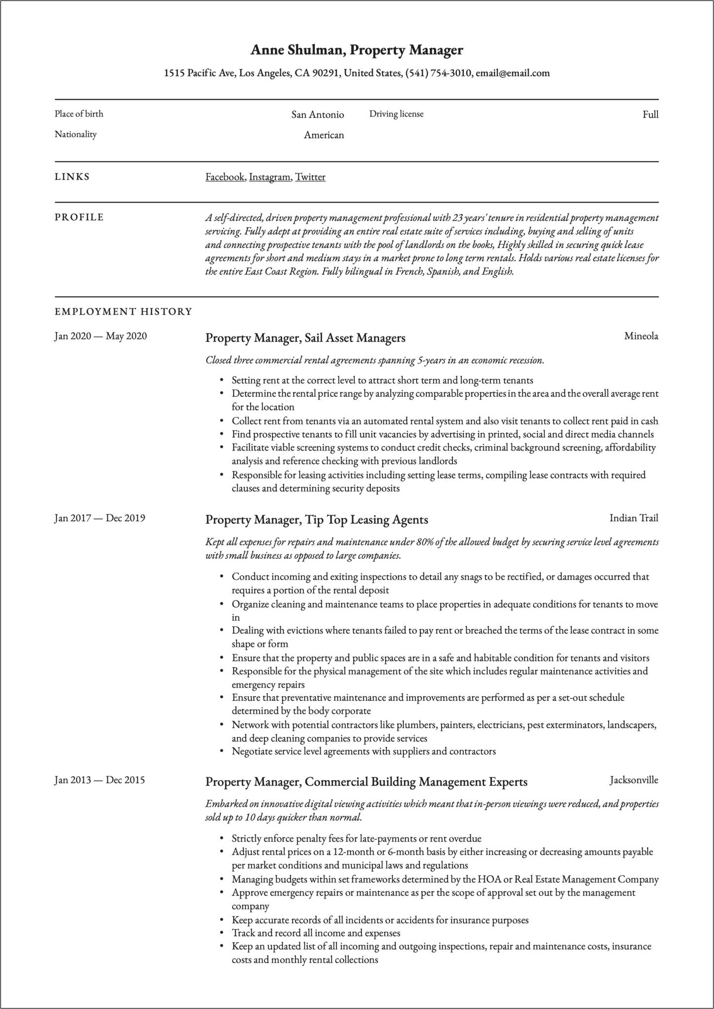 Regional Property Manager Resume Word