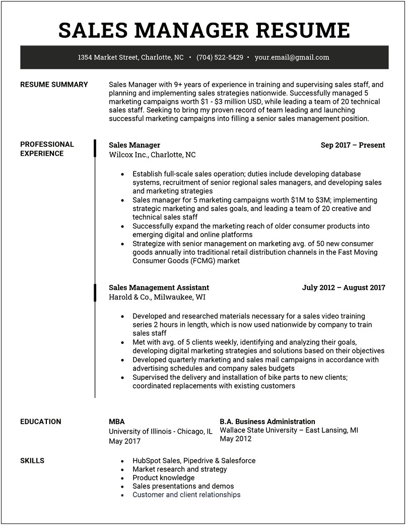 Regional Sales Manager Resume Opening Statement