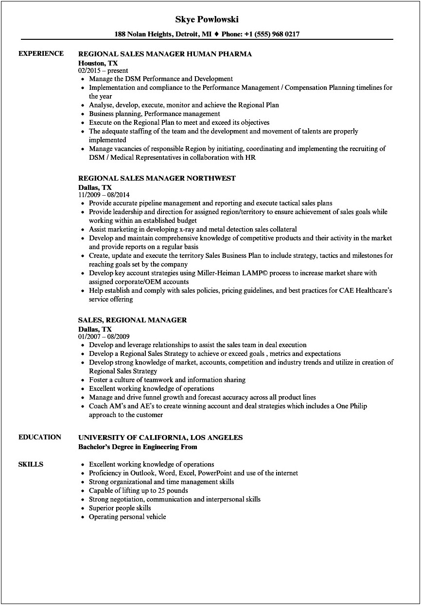 Regionl Sales Manager Resume Template