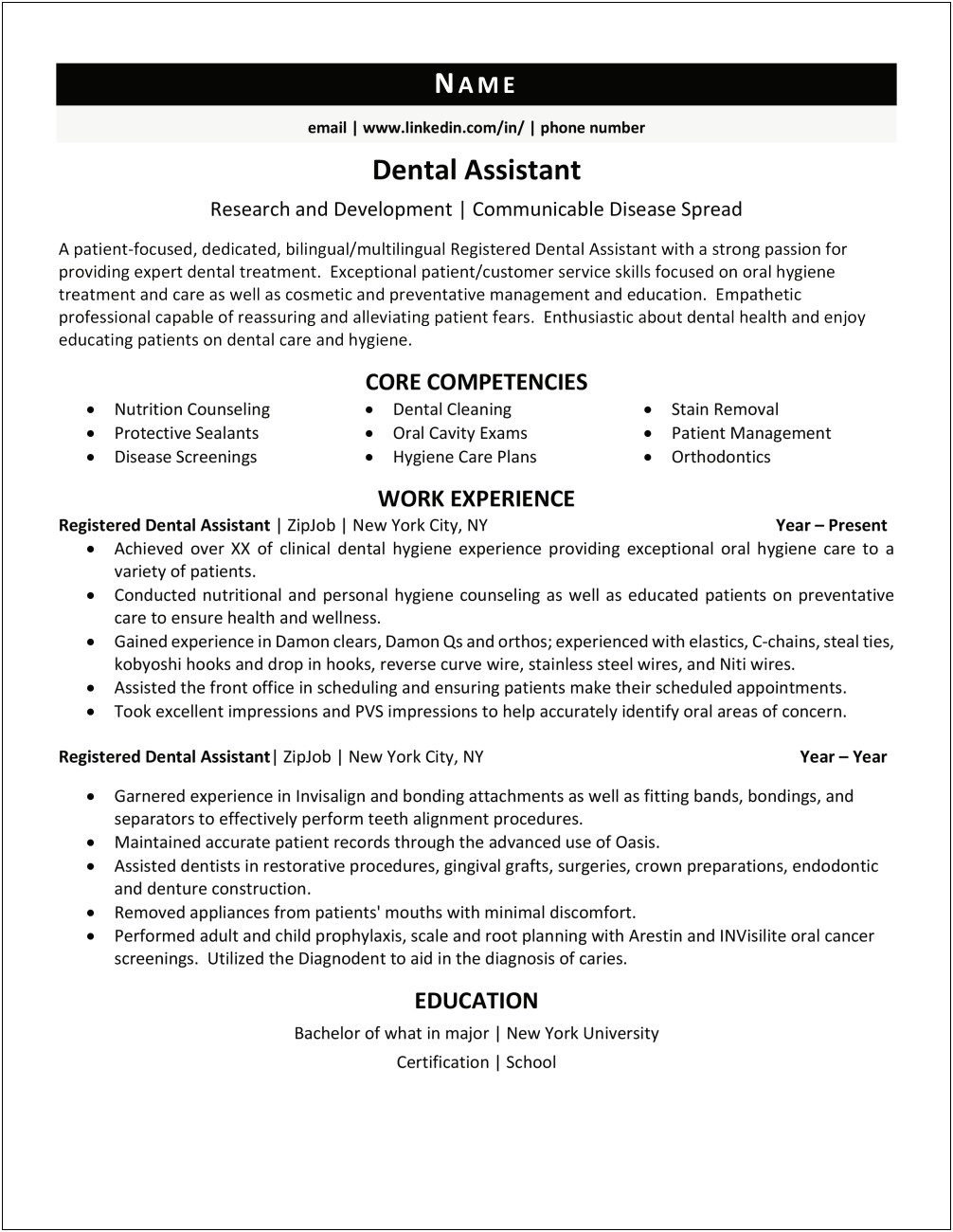 Registered Dental Assistant Sample Resume