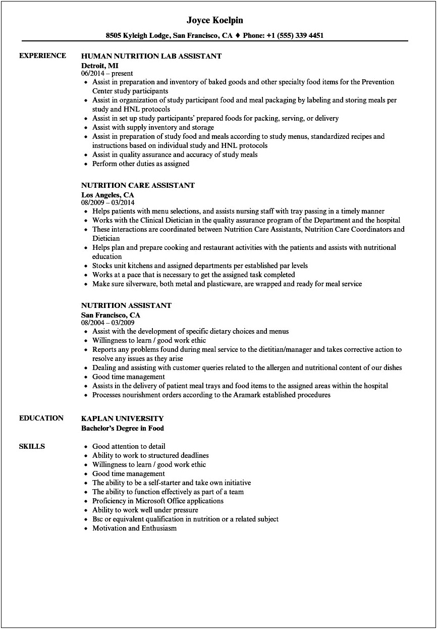 Registered Dietitian Resume Objective Examples