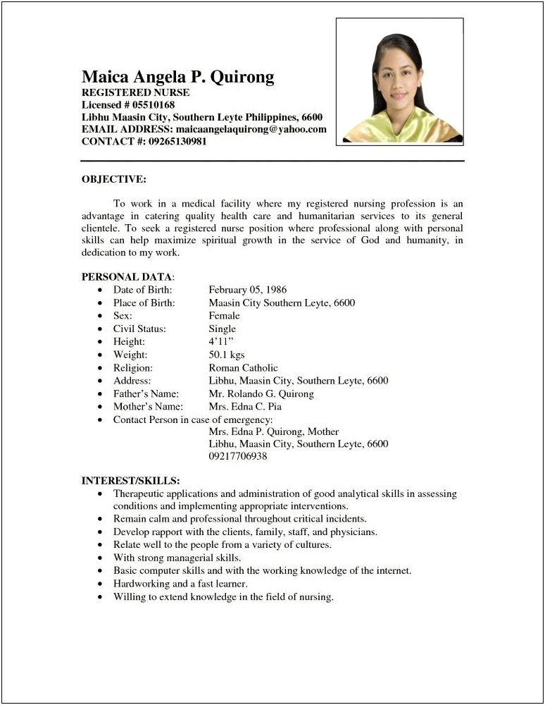 Registered Nurse Resume Sample Philippines