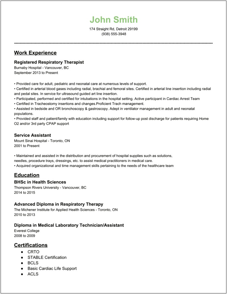 Registered Respiratory Therapist Resume Objective Examples