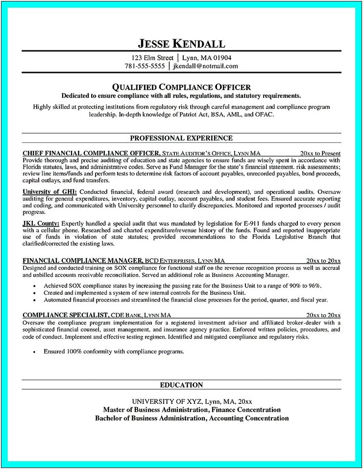 Regulatory Compliance Specialist Sample Resume