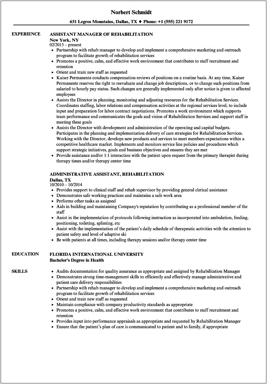 Rehab Aide Job Description Resume