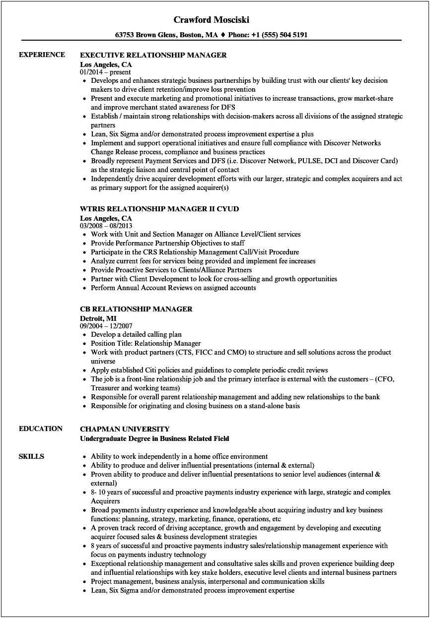 Relationship Manager Resume For Freshers