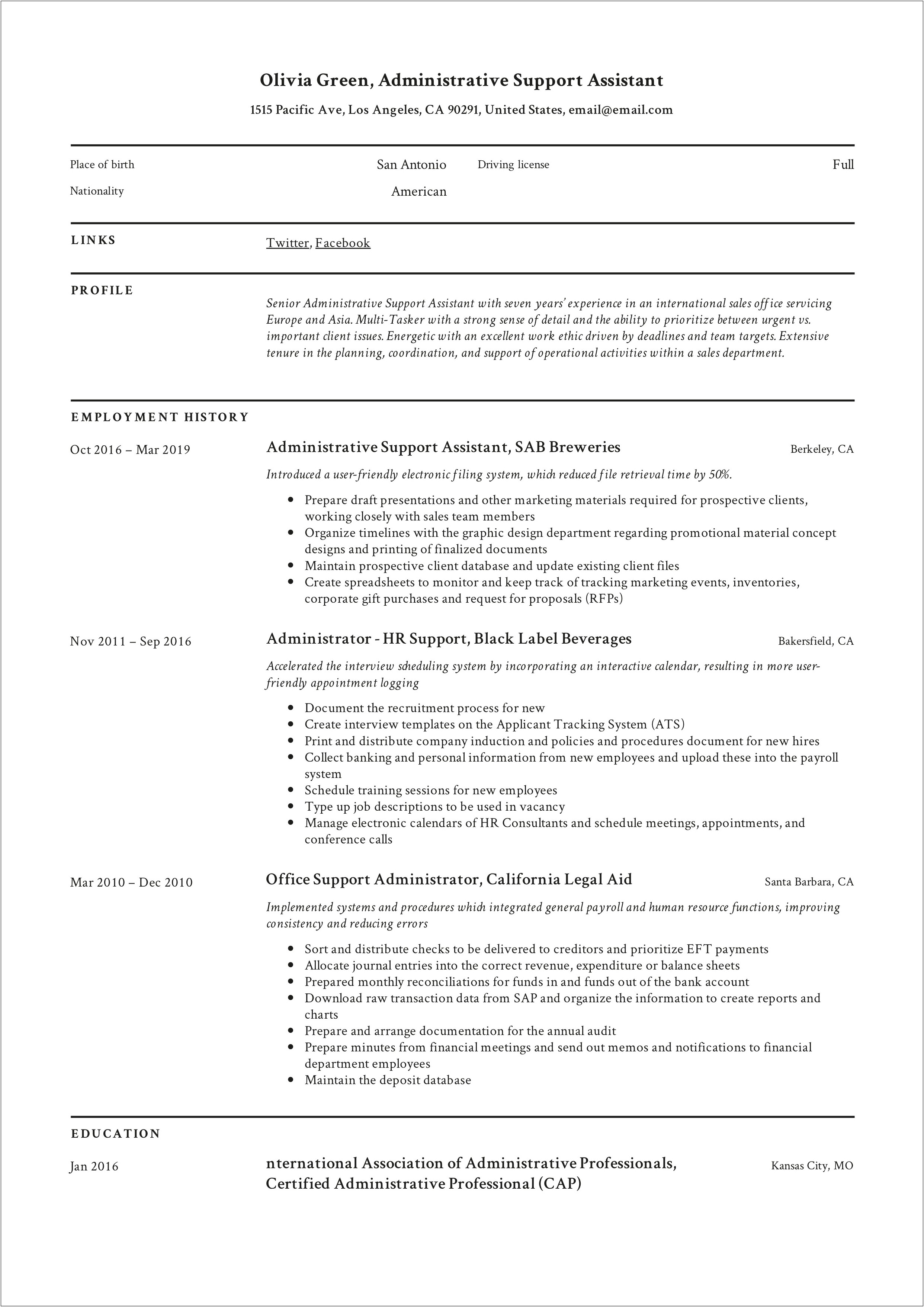 Relevant Coursework Skills Example Resume Administrative