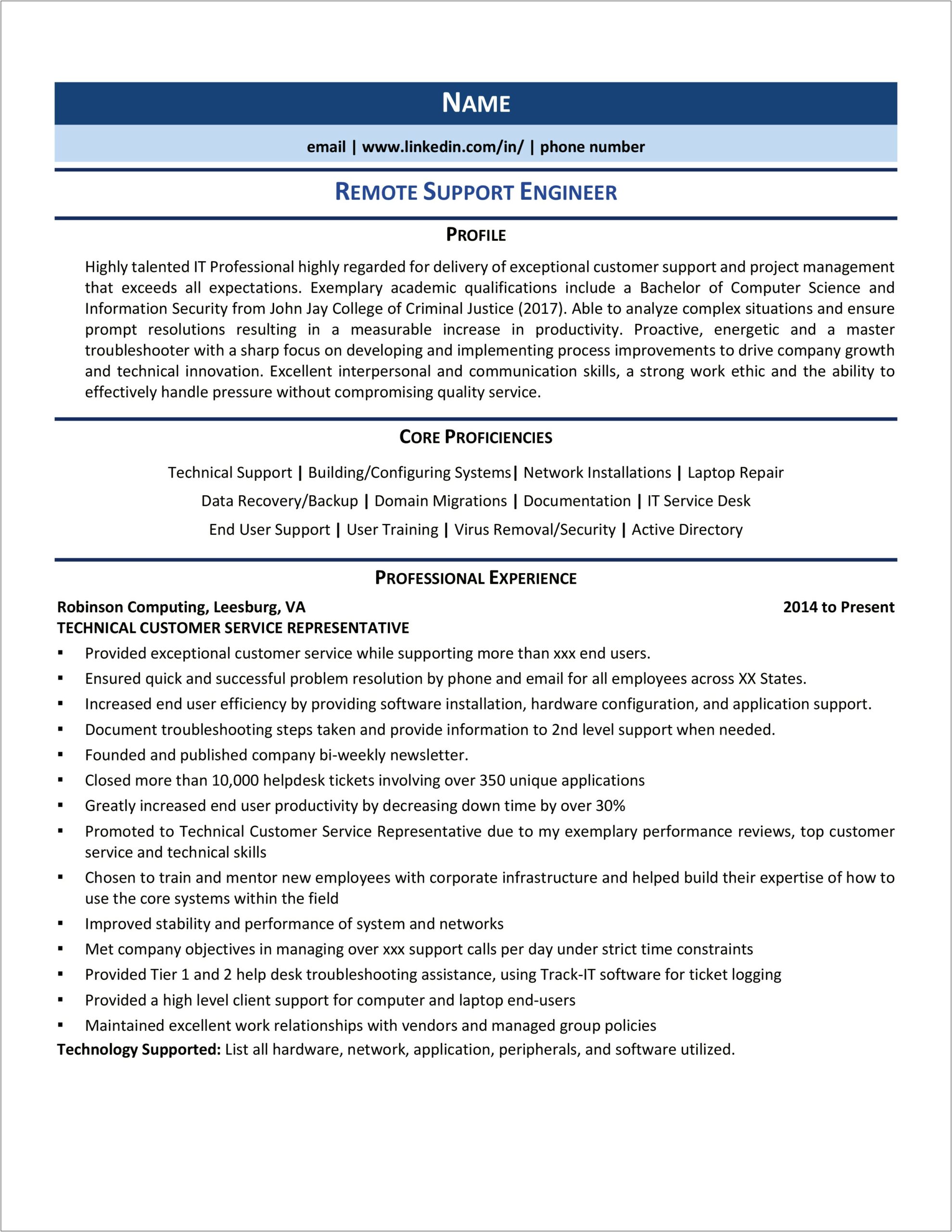 Remote Technical Support Resume Example