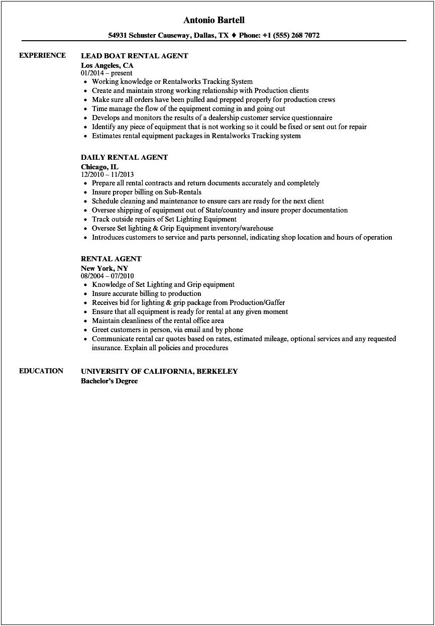 Rental Car Agent Resume Examples