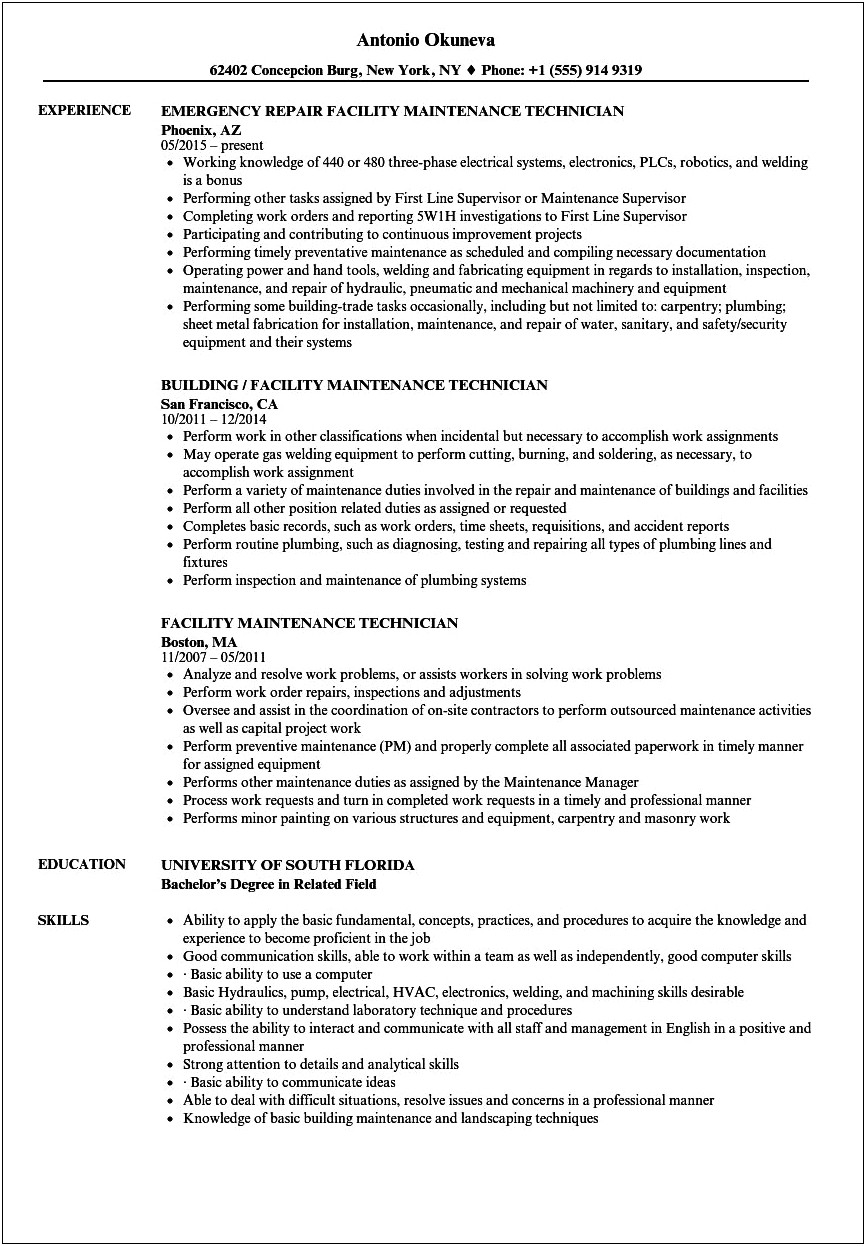 Repair Technician Job Description For Resume