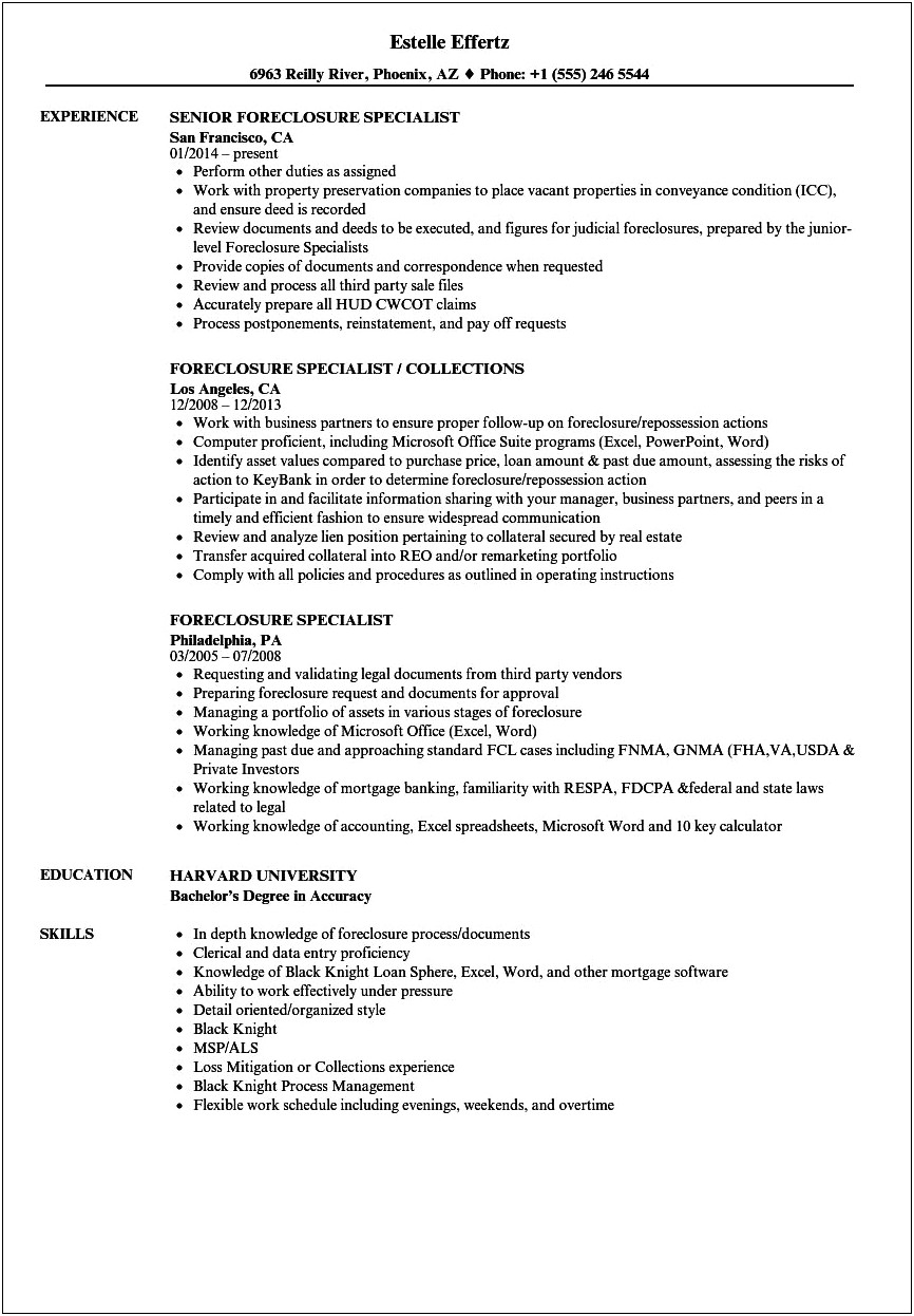 Repossession Data Entry Resume Examples