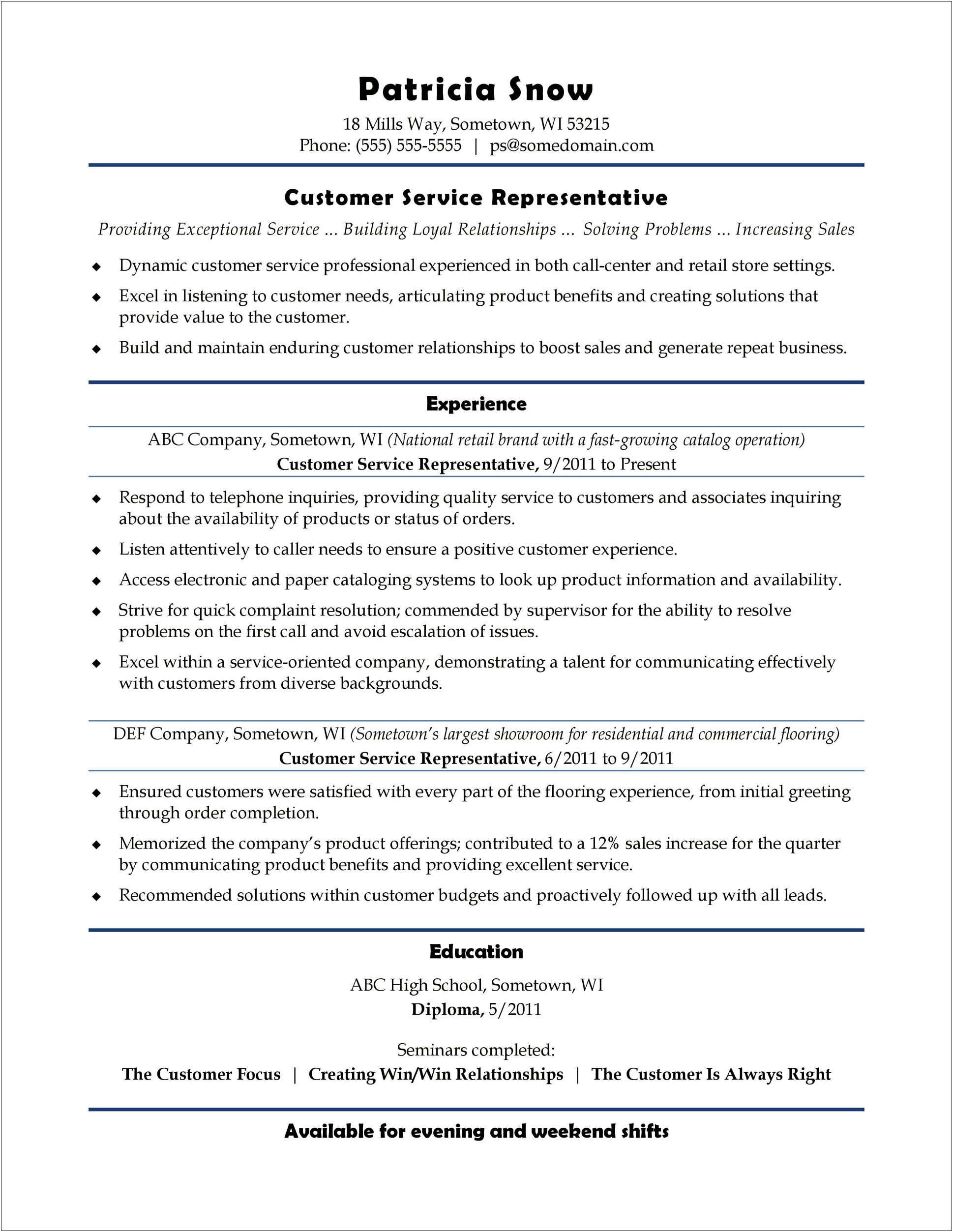 Representative Customer Service Resume Examples