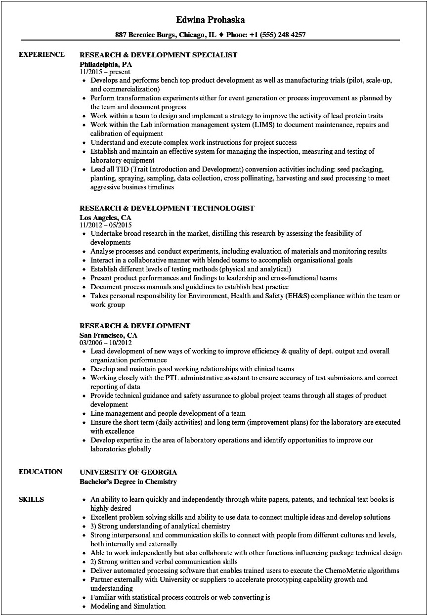 Research And Development Manager Resume