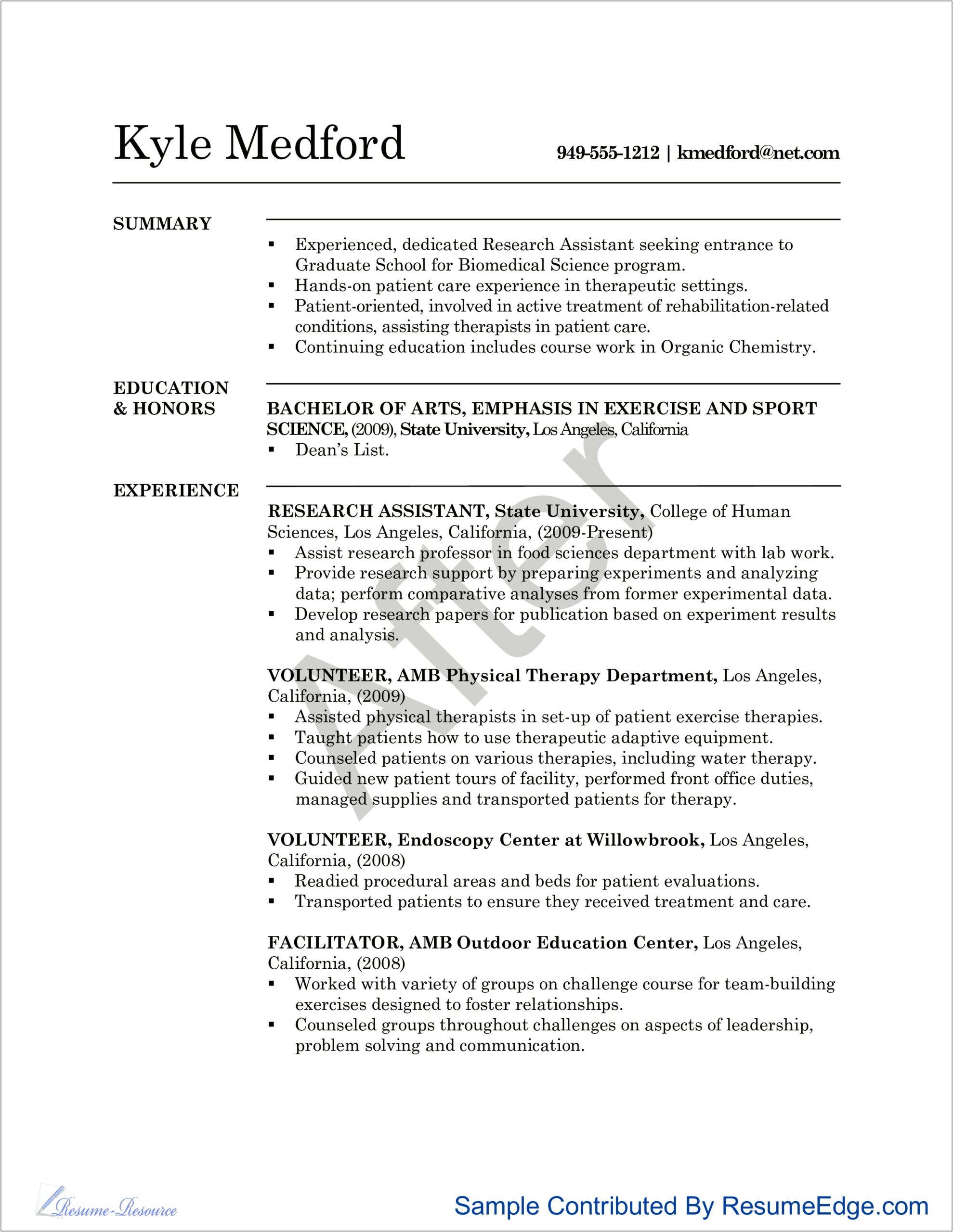 Research Assistant Undergraduate Resume No Experience