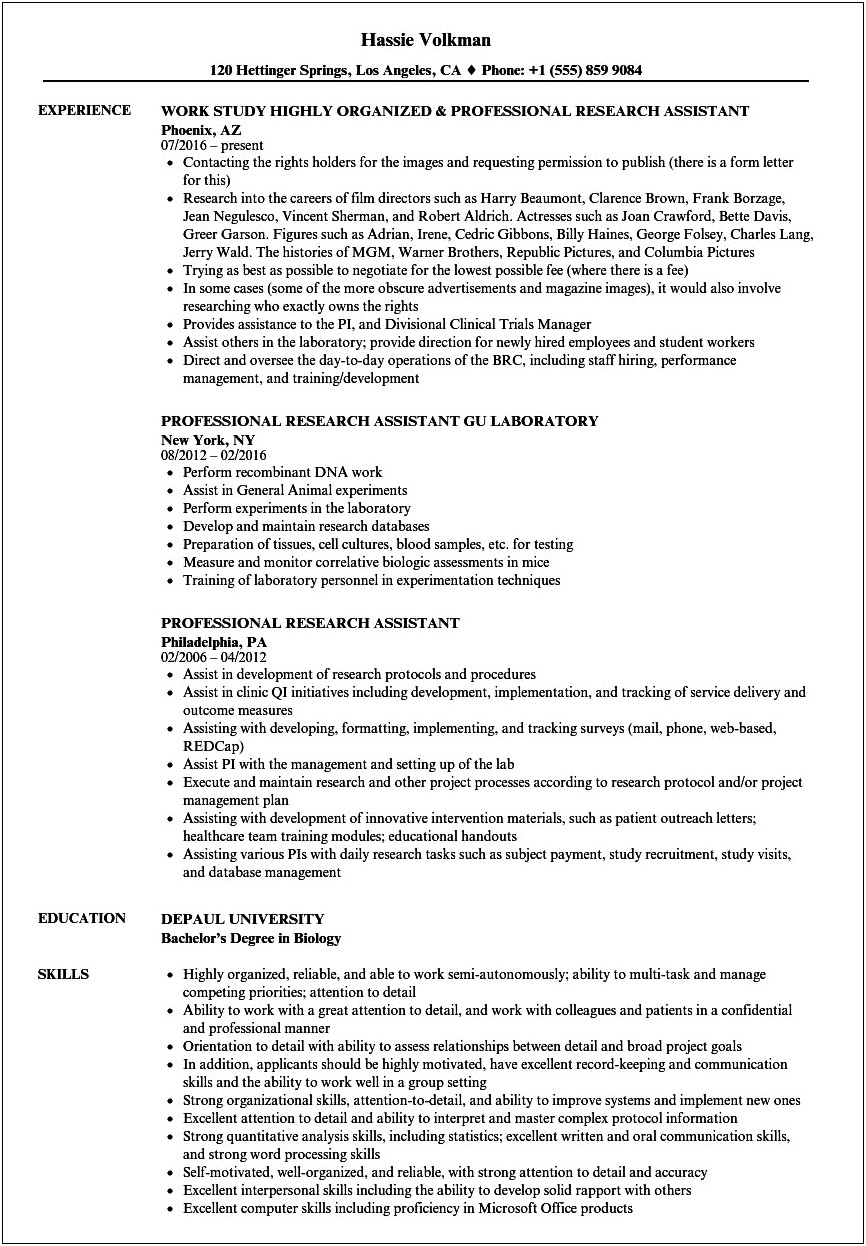 Research Assistant Working Experience In Resume