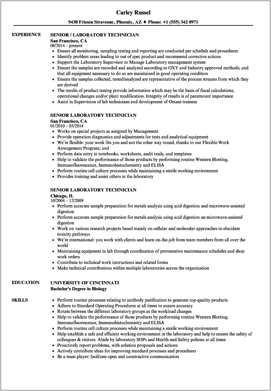 Research Lab Technician Resume Objective