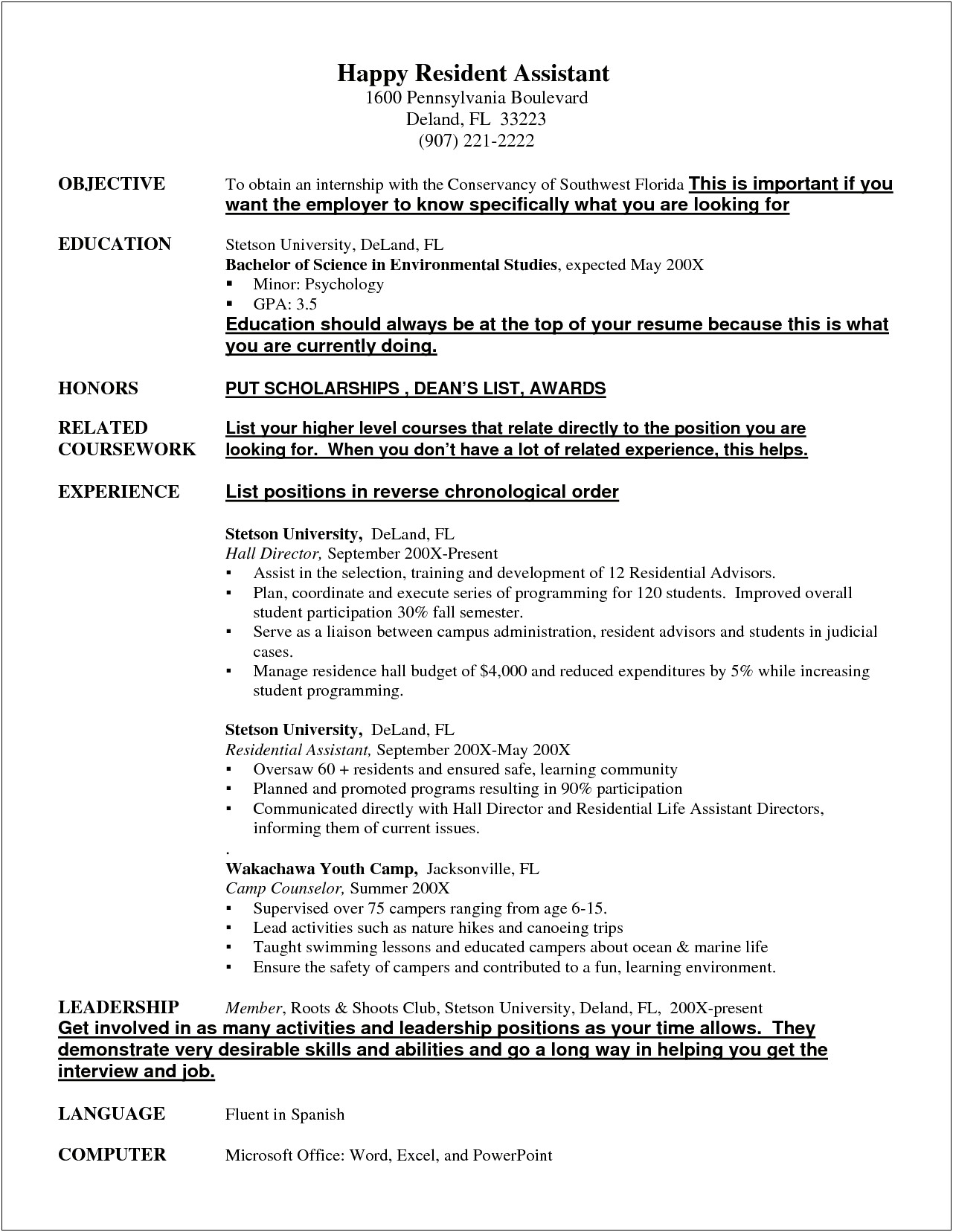 Resident Assistant Resume Objective Sample