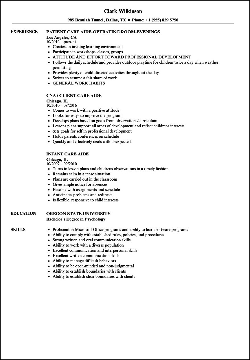 Resident Care Aide Resume Example