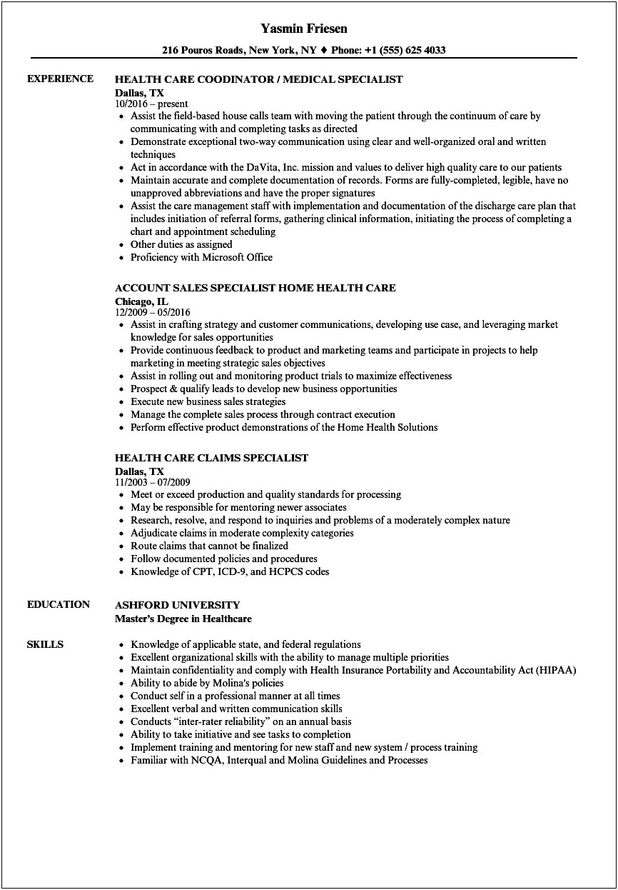 Resident Care Specialist Resume Sample