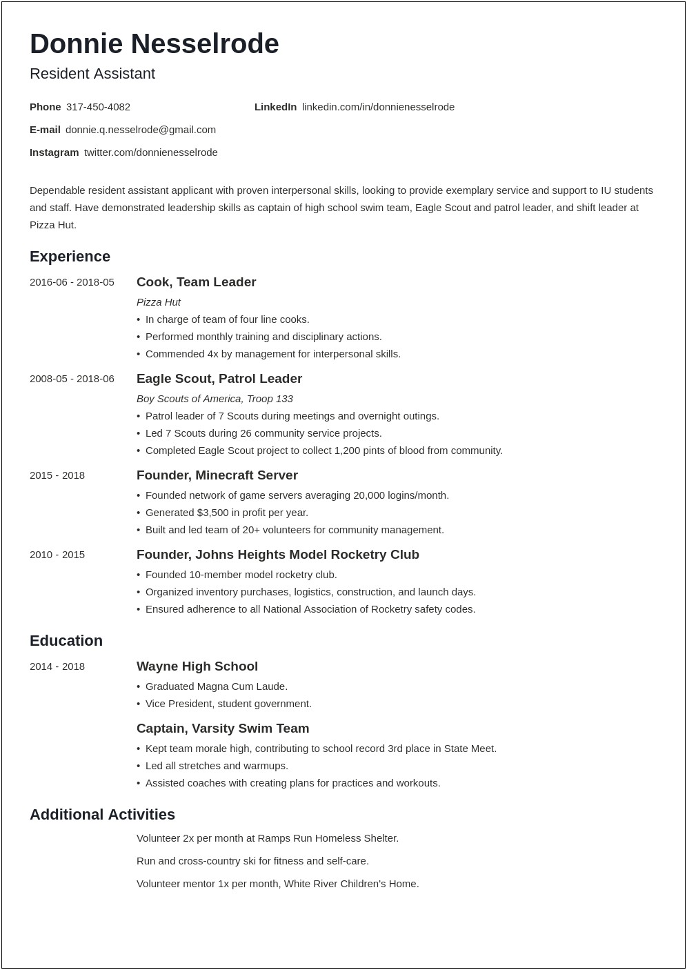 Resident Service Assistant Job Duties For Resume
