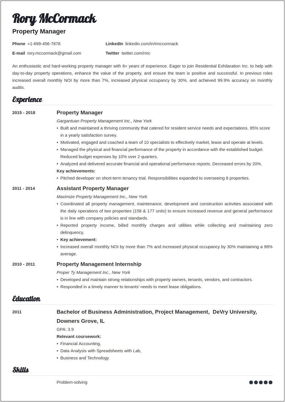 Resident Service Manager Resume Example