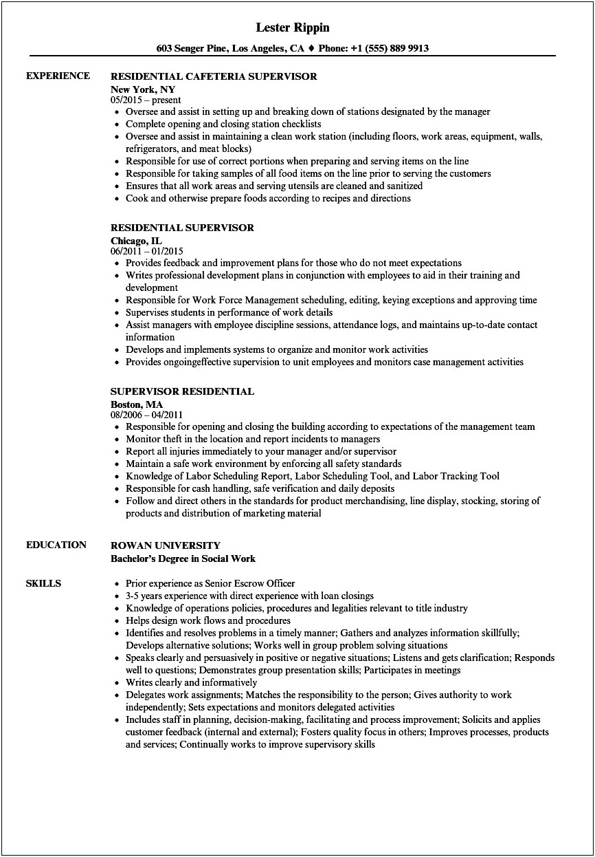 Resident Supervisor Job Description For Resume