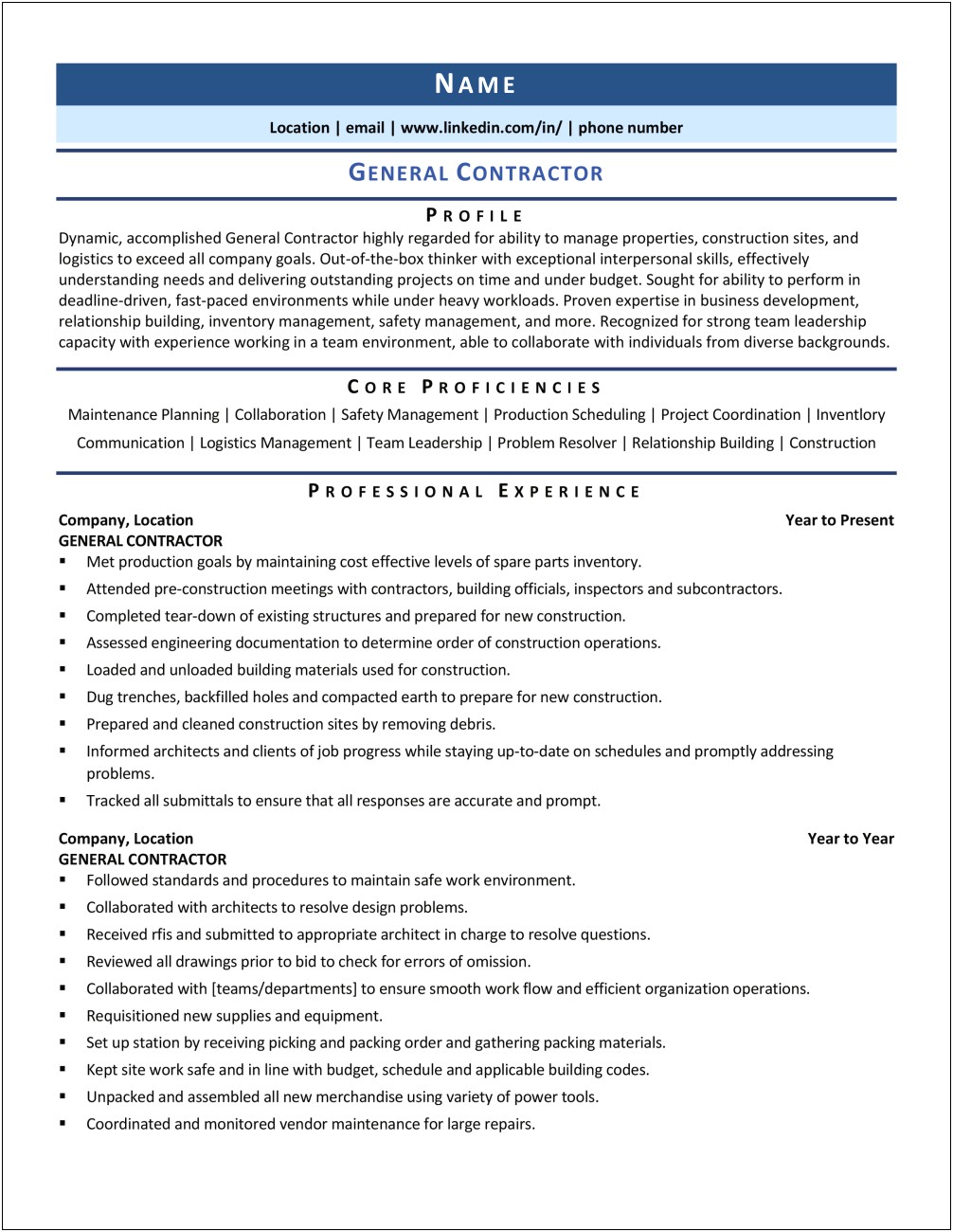 Residential General Contractor Resume Samples