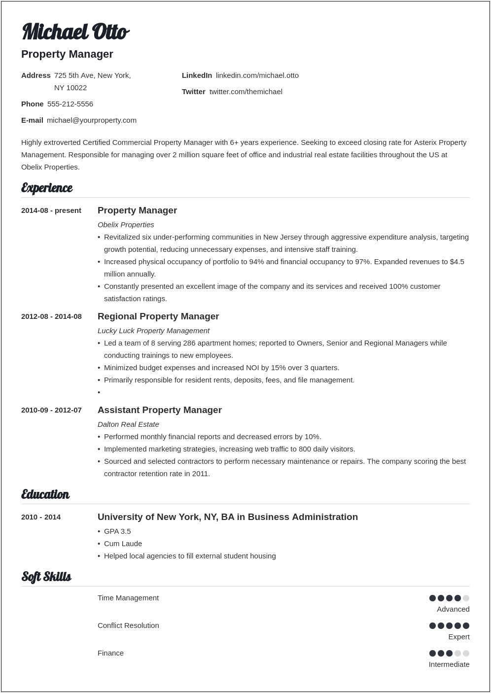 Residential Property Management Property Manager Resume