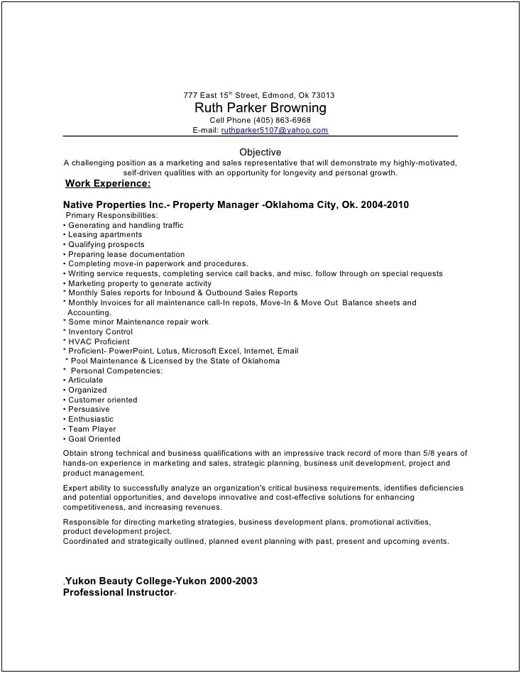 Residential Property Management Sample Resumes