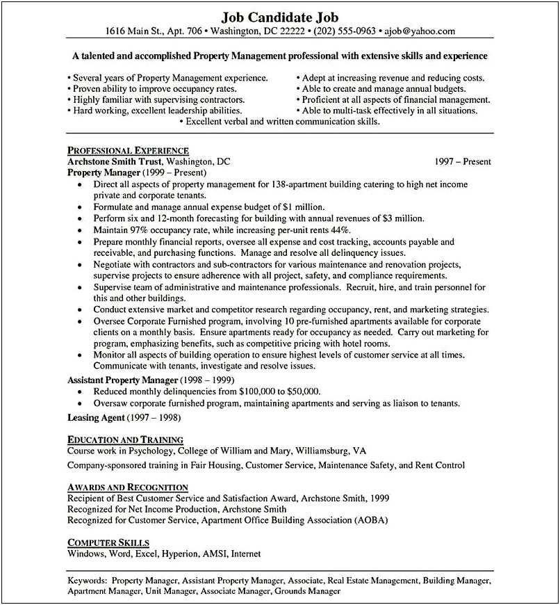 Residential Property Manager Sample Resume