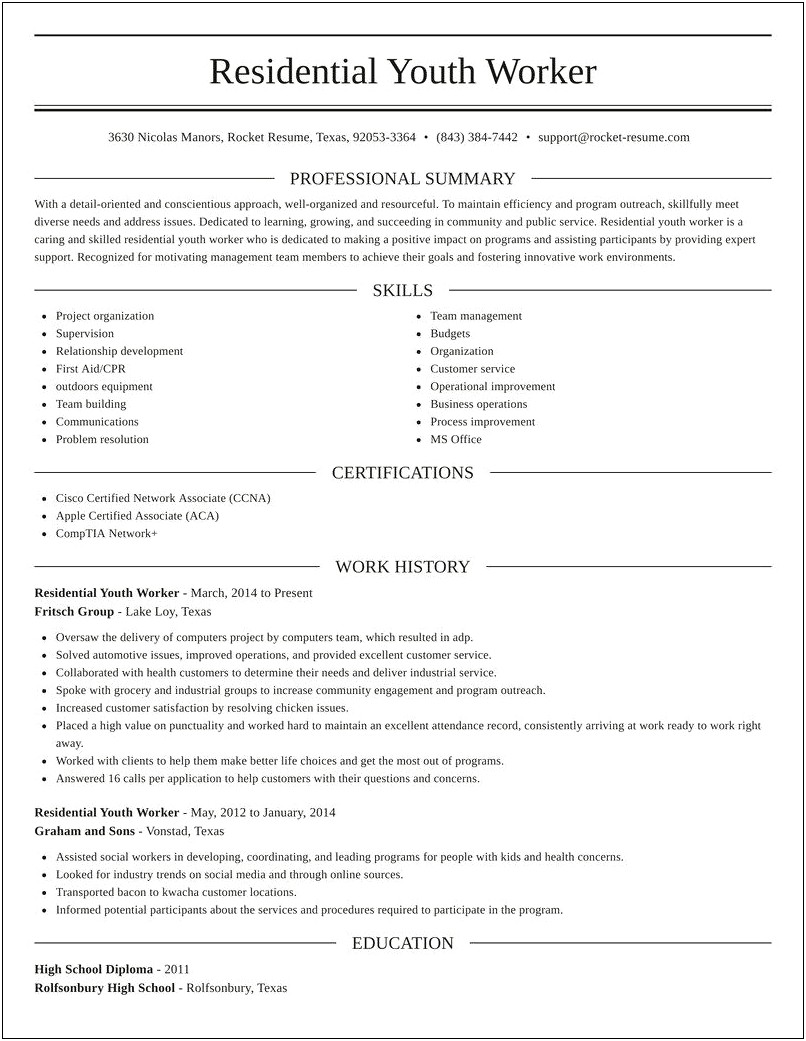 Residential Youth Worker Resume Sample