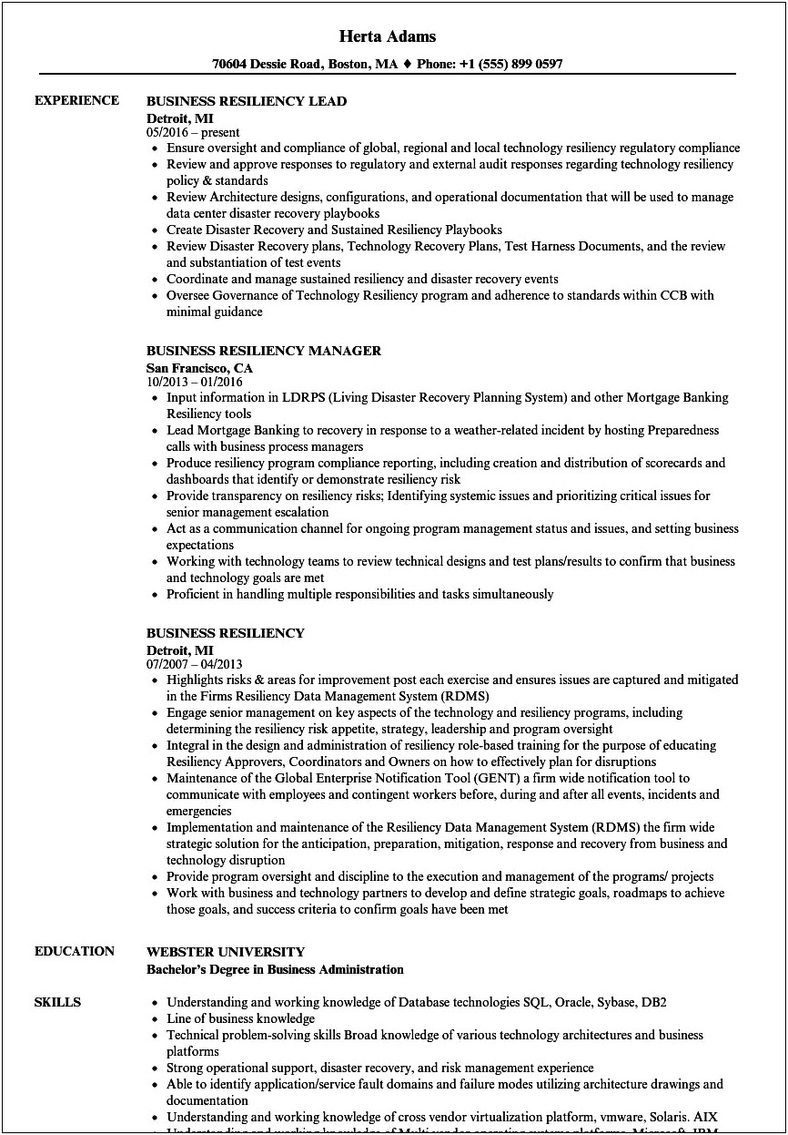 Resilience Management Resume Examples Tabletop