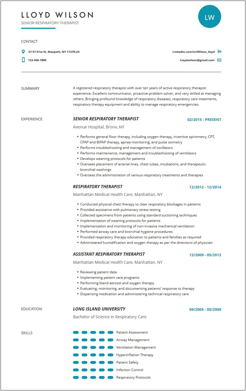 Respiratory Therapist Job Description Resume