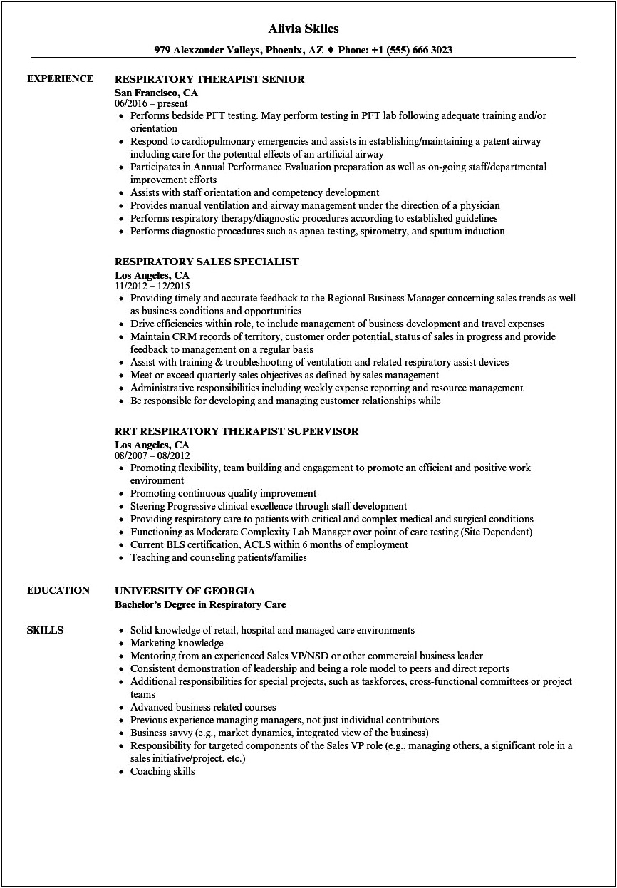Respiratory Therapist Resume Job Description