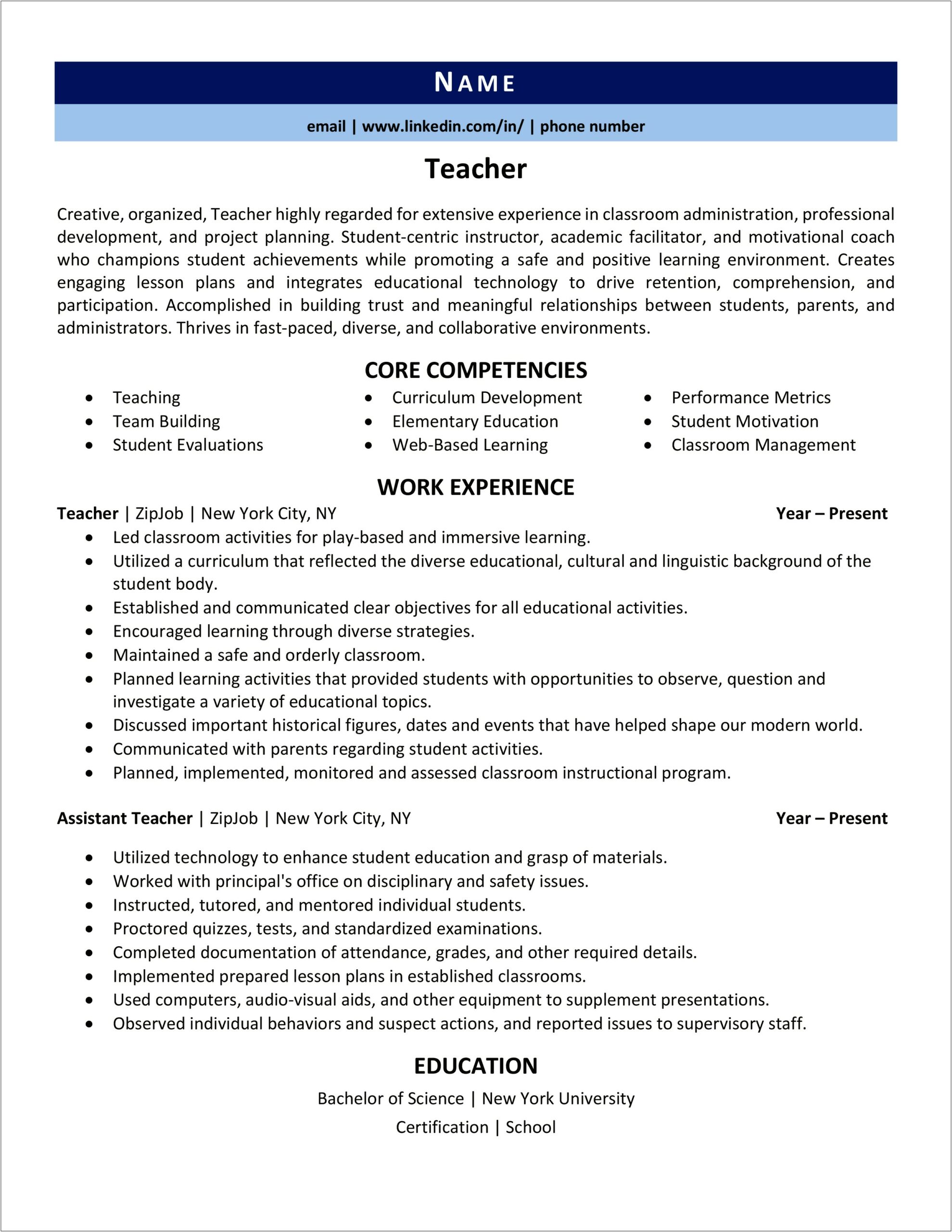 Responsibilites Of Elementry School Teacher For Resume