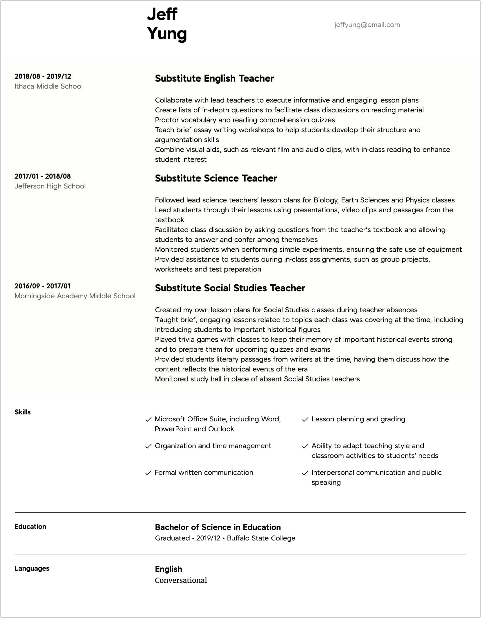 Responsibilities And Skills Of A Teacher On Resume