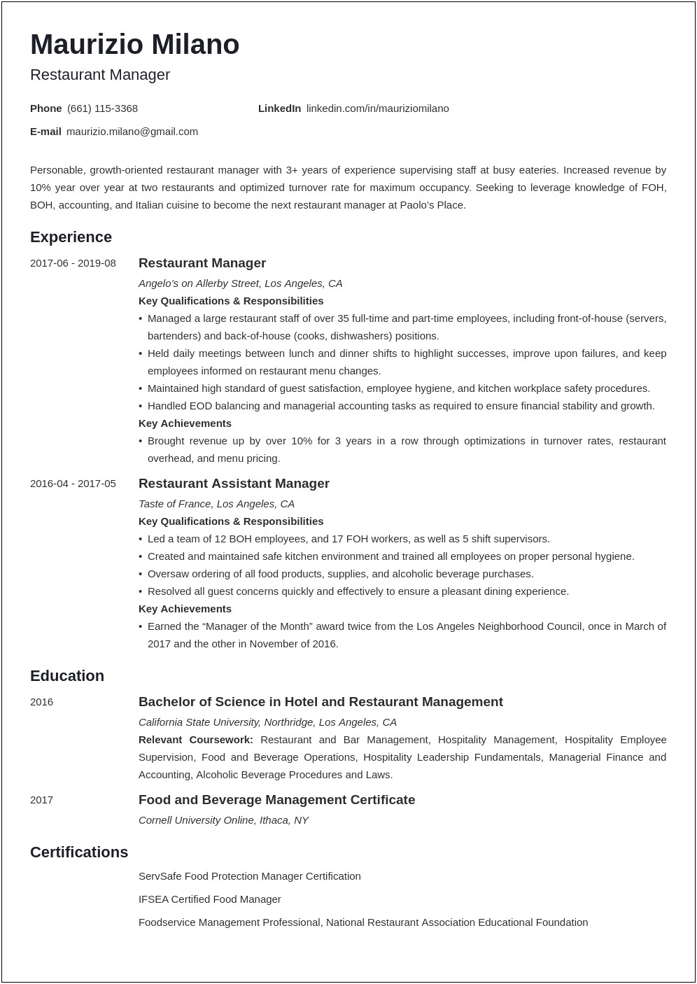 Responsibilities Of A Restaurant Manager Resume